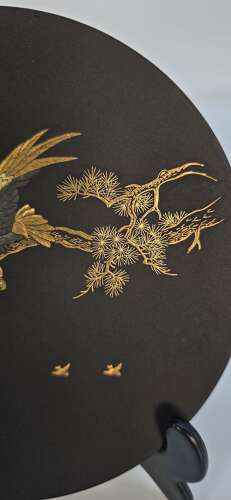 Japanese patinated iron plaque with gold & silver Inlay, Circa 1920