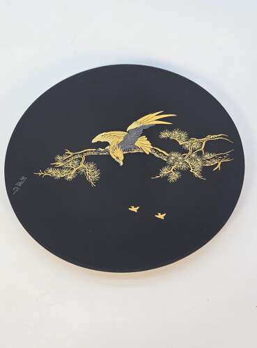 Japanese patinated iron plaque with gold & silver Inlay, Circa 1920