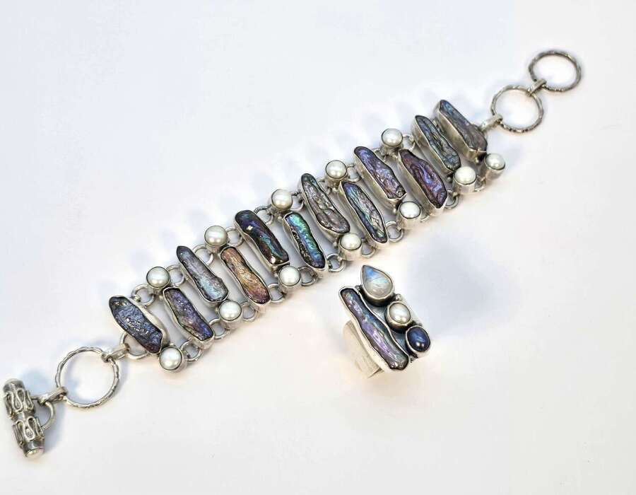 Mid 20th century Japanese silver and Biwa pearl bracelet and matching ring.