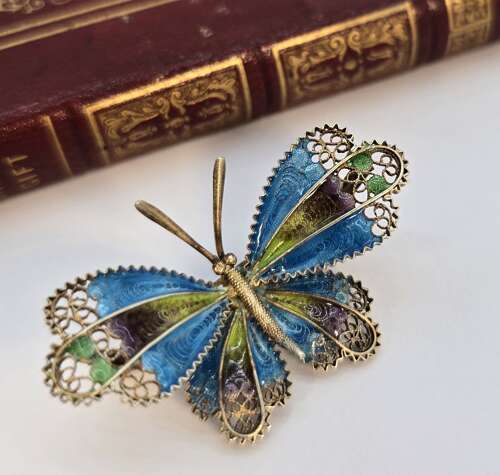 Antique Silver gilt and enamel butterfly brooch, c. 1930