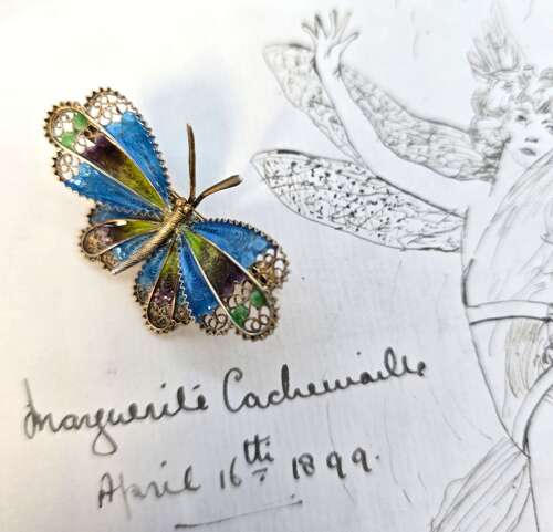 Antique Silver gilt and enamel butterfly brooch, c. 1930