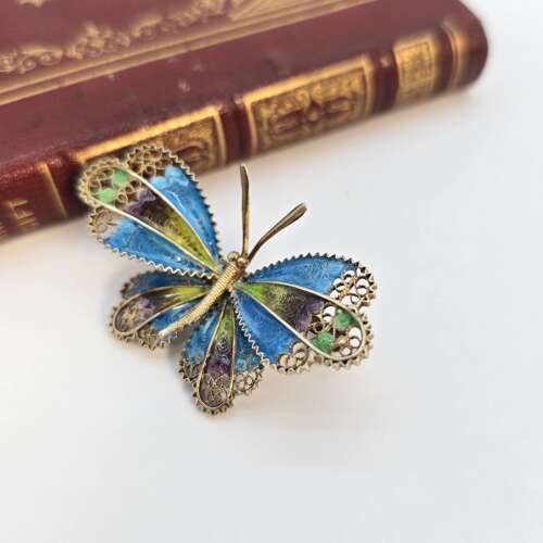 Antique Silver gilt and enamel butterfly brooch, c. 1930