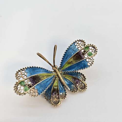 Antique Silver gilt and enamel butterfly brooch, c. 1930